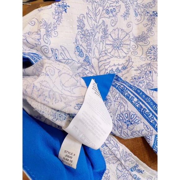 Point Sur J Crew Blue Boho Peasant Blouse Size Large White Long Sleeve Lurex - Picture 7 of 8